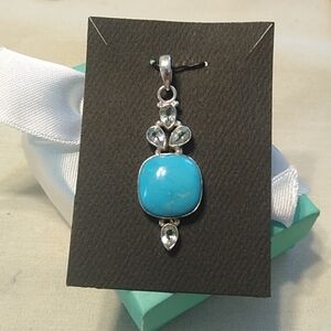 Sleeping Beauty Turquoise + Blue Topaz Sterling Silver 925 Pendant, 2"